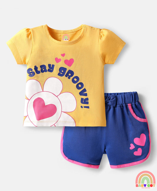 100% Cotton Knit Half Sleeve Heart Printed T-Shirt & Shorts Set - Navy Blue & Yellow