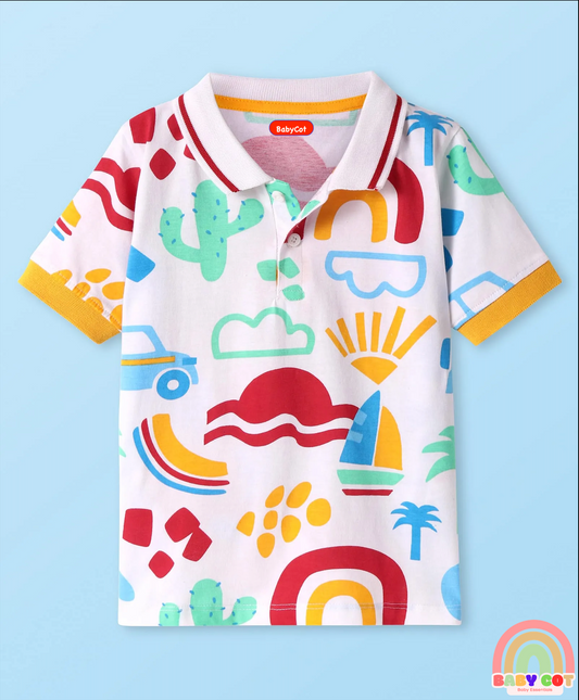 Cotton Knit Half Sleeves Nautical Printed Polo T-Shirt - White
