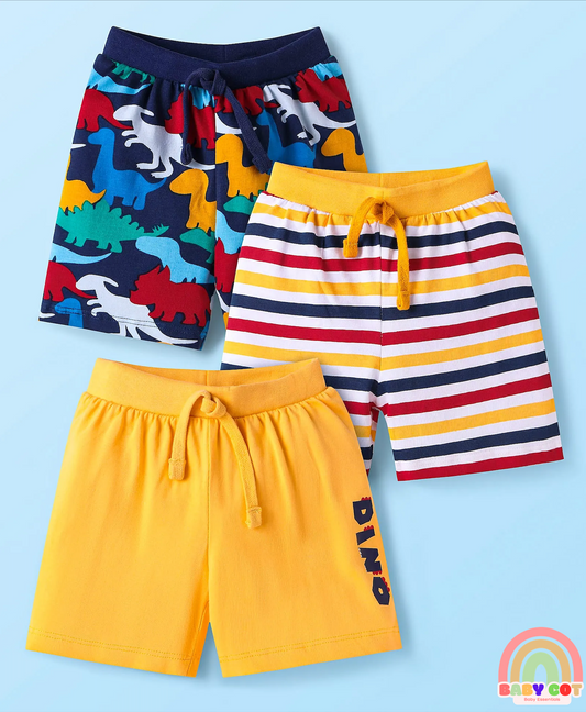 Single Jersey Shorts with Stripes & Dino Print Pack of 3 - Yellow & Navy Blue