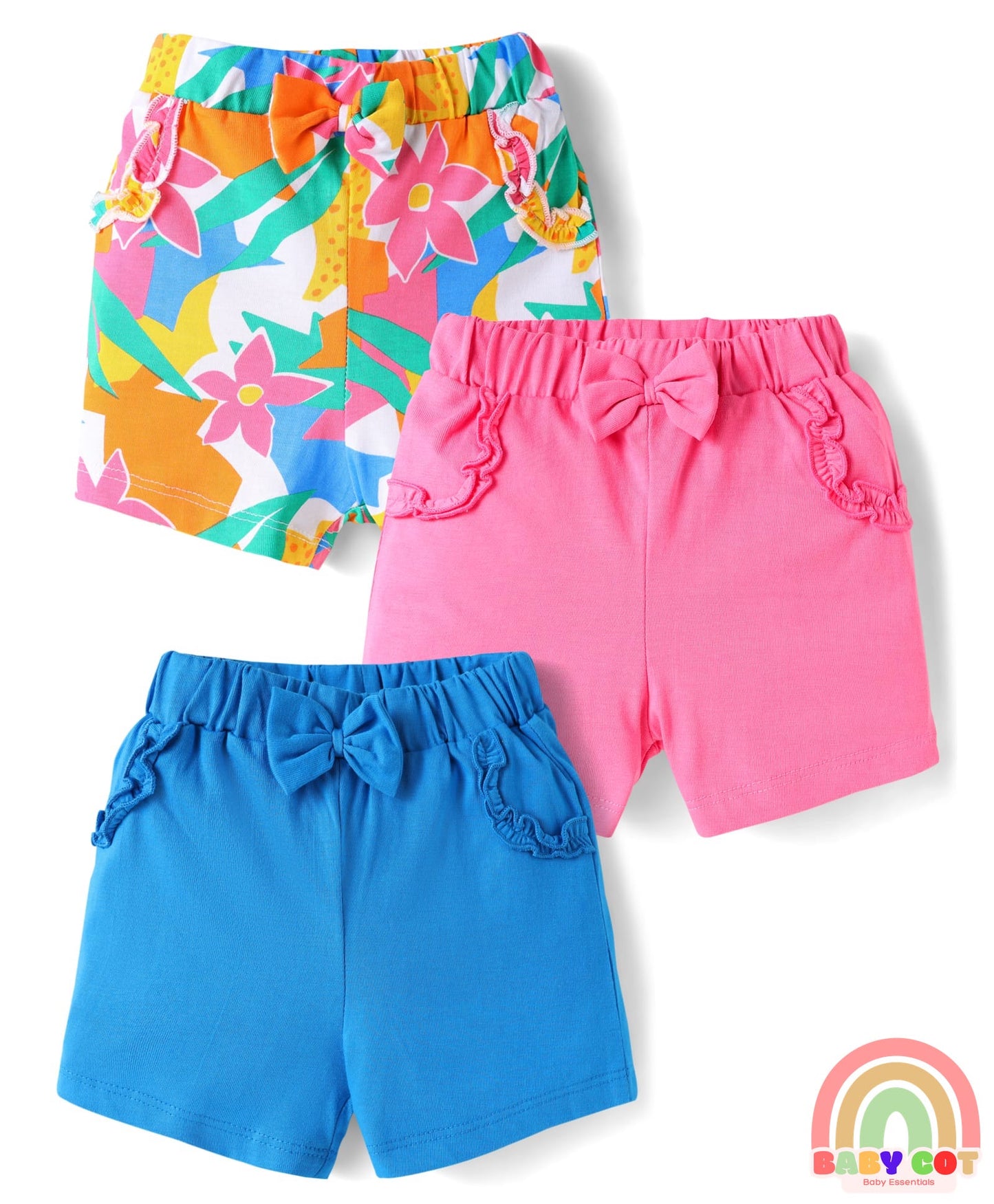 Cotton Knit Mid Thigh Lenght Shorts with Floral Print & Bow Applique Pack of 3 - Blue White & Dark Pink