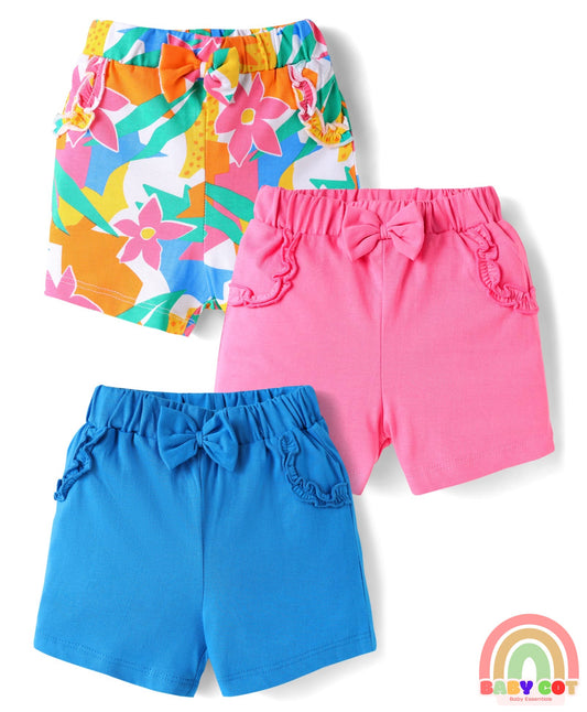 Cotton Knit Mid Thigh Lenght Shorts with Floral Print & Bow Applique Pack of 3 - Blue White & Dark Pink