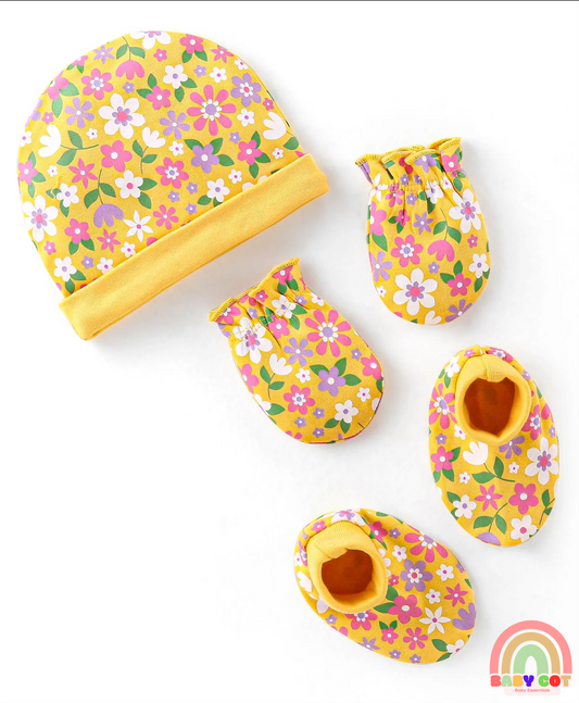 Interlock 100% Cotton Knit Cap Mittens & Booties Set Floral Print - Yellow