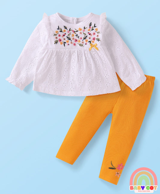 Single Jersey Knit Full Sleeves Top & Leggings with Floral Embroidery - White & Yellow