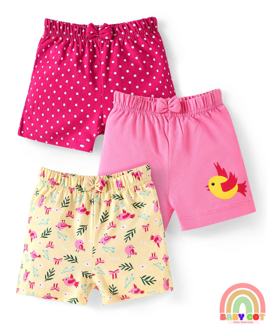 Single Jersey Knit Mid Thigh Shorts with Polka Dots & Bird Print with Bow Applique Pack of 3 - Pink Beige & Dark Pink