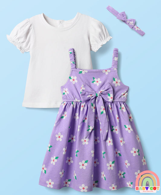 Cotton Knit Half Sleeves T-Shirt & Frock With Floral Print & Bow Applique - Purple