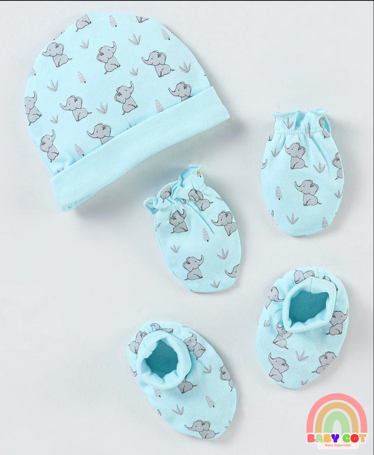 100% Cotton Cap Mittens And Booties Elephant Print - Blue
