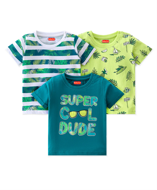 Cotton Knit Half Sleeves T-Shirts Tropical Graphic Print Pack of 3 - Blue & Green