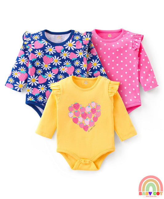 100% Cotton Interlock Full Sleeves Onesies Polka Dots & Floral Print Pack of 3 - Multicolour