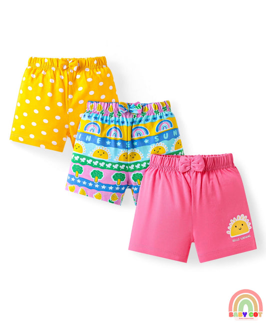 Cotton Single Jersey Knit Mid Thigh Polka Dots & Tropical Theme Printed Shorts with Bow Applique Pack of 3 - Pink Yellow & Blue