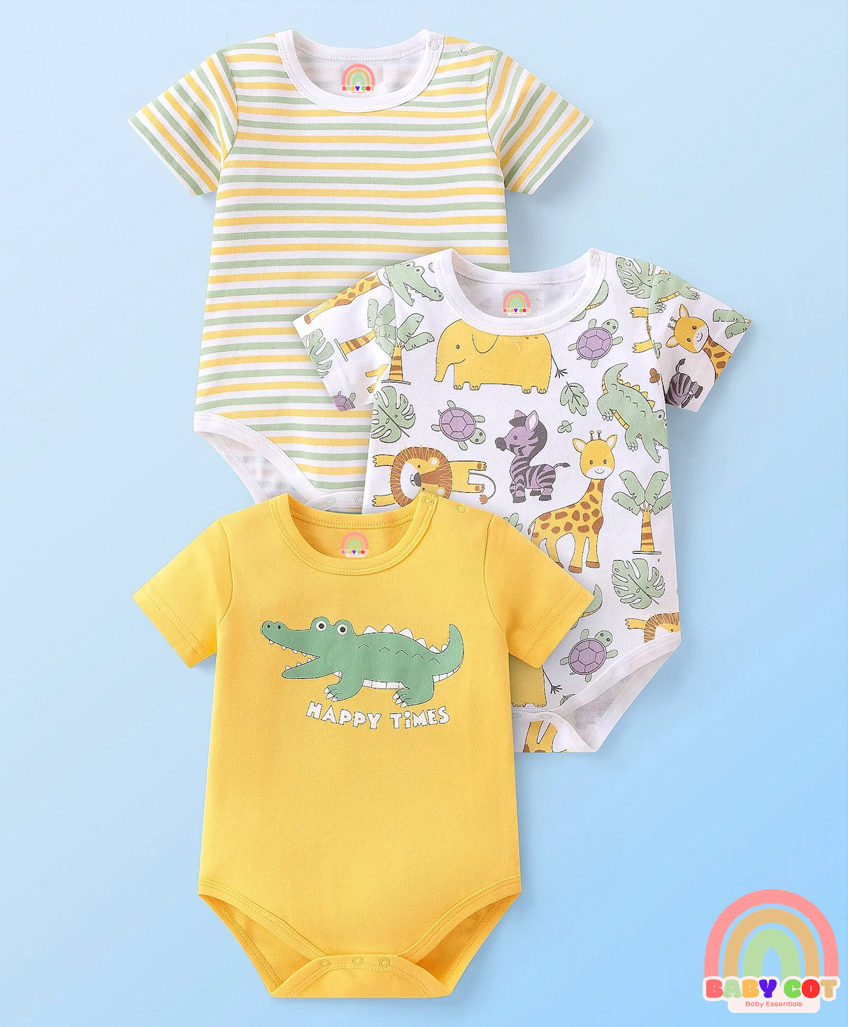 100% Cotton Knit Half Sleeves Onesies Animal Print Pack of 3 - Multicolour