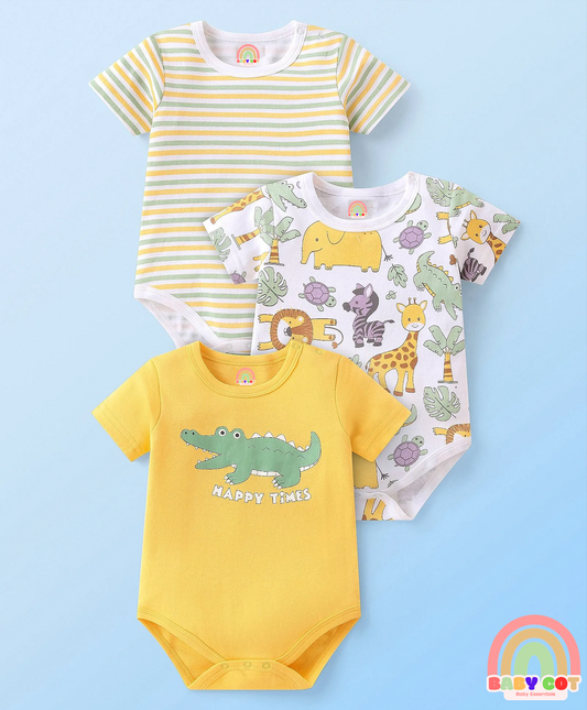 100% Cotton Knit Half Sleeves Onesies Animal Print Pack of 3 - Multicolour