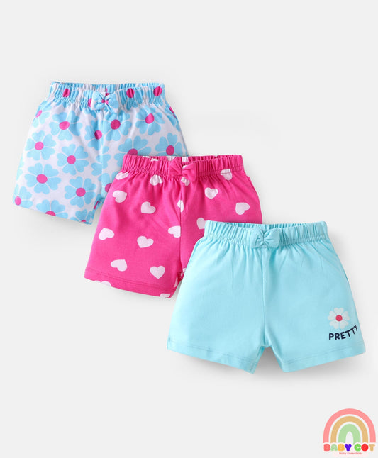 Cotton Knit Mid Thigh Shorts with Floral & Heart Print with Bow Applique Pack of 3 - Pink & Light Blue