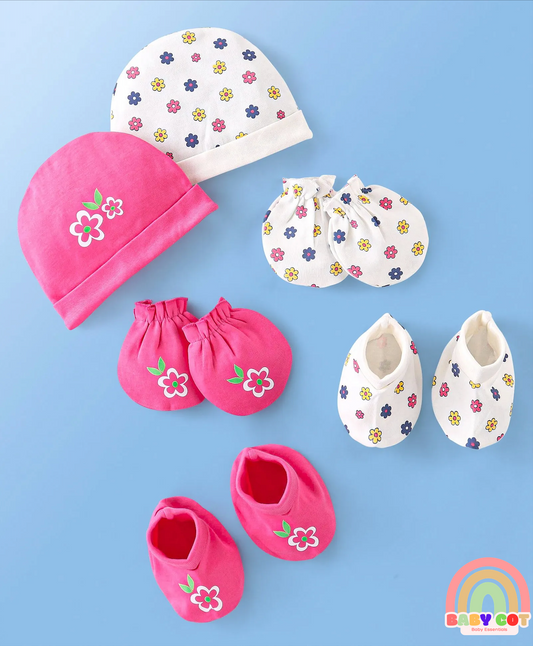 100% Cotton Knit Cap Mittens & Booties Set Floral Print Pack of 2 Pink & White - Diameter 12 cm