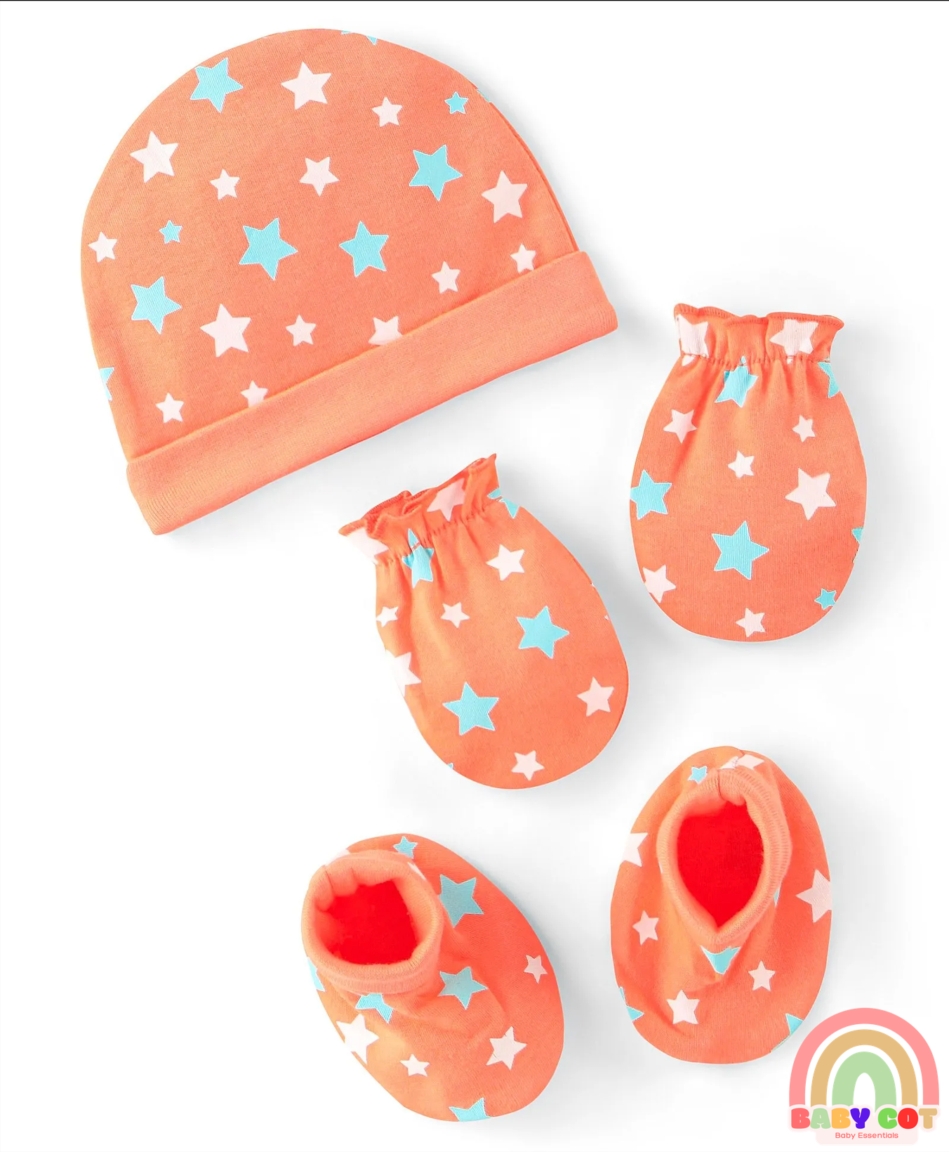 100% Cotton Knit Star Printed Cap Mittens & Booties Set- Orange