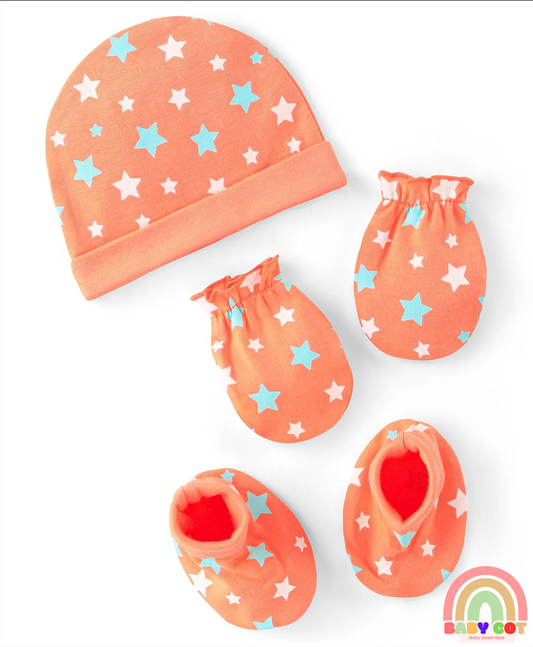 100% Cotton Knit Star Printed Cap Mittens & Booties Set- Orange