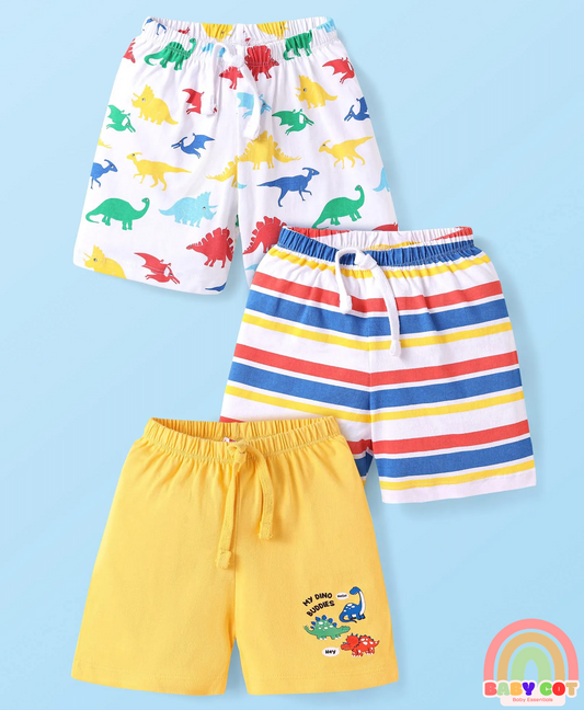 Single Jersey Knit Shorts with Stripes & Dino Print Pack of 3 - Yellow & White