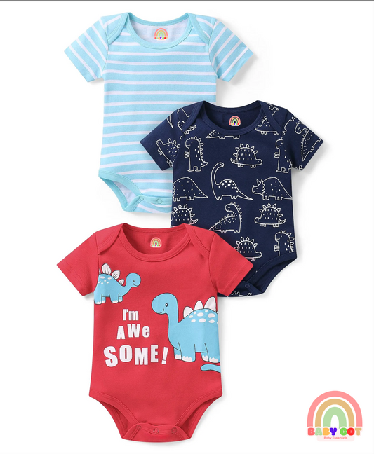 100% Cotton Knit Half Sleeves Onesies with Striped & Dino Print Pack of 3 - Multicolour
