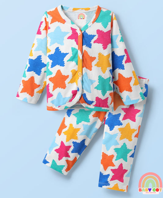 Single Jersey Knit Full Sleeves Top & Lounge Pant Co-ord Set with Star Print - White & Blue