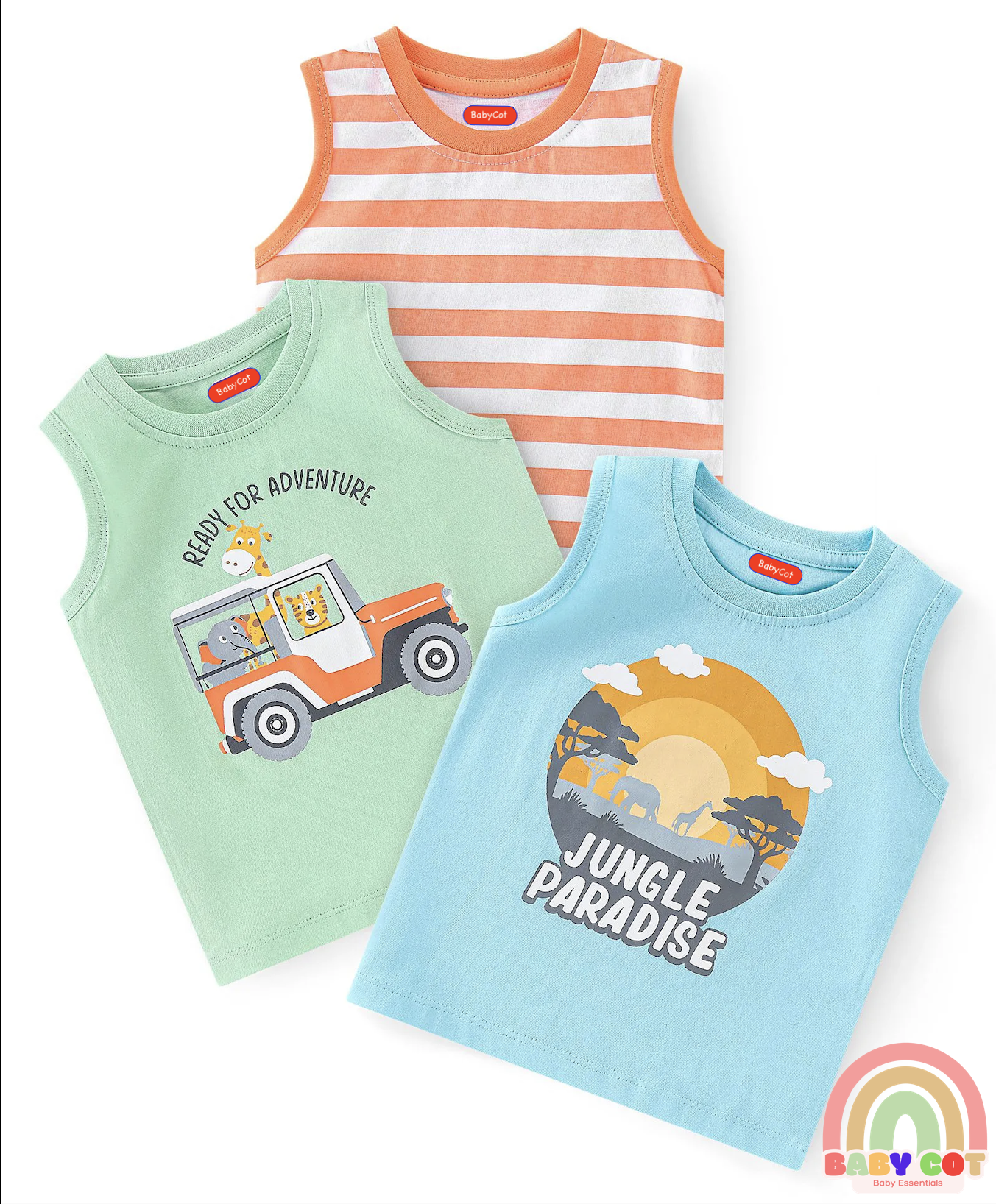 100% Cotton Knit Sleeveless T-Shirt With Striped & Jungle Theme Graphics Pack Of 3 - Orange Green & Blue