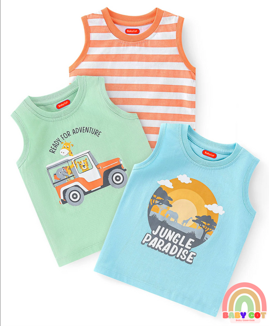 100% Cotton Knit Sleeveless T-Shirt With Striped & Jungle Theme Graphics Pack Of 3 - Orange Green & Blue