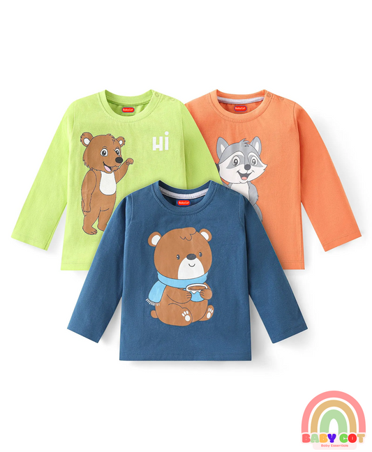 Cotton Knit Full Sleeves T-Shirt with Animal Print Pack of 3 - Blue Green & Orange