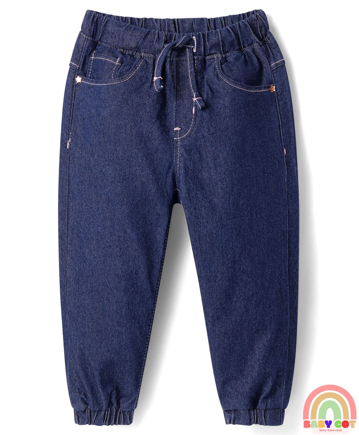 Full Length Washed Denim Jeans With Stretch - Navy Blue