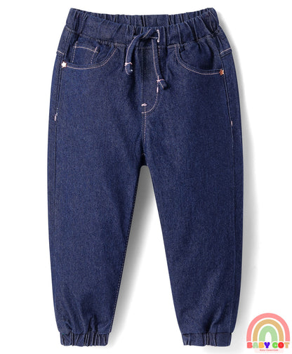 Full Length Washed Denim Jeans With Stretch - Navy Blue