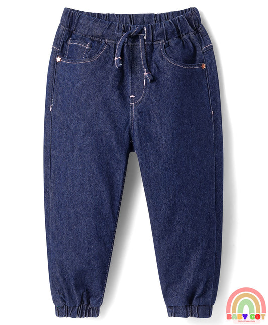 Full Length Washed Denim Jeans With Stretch - Navy Blue