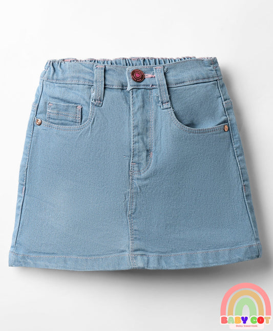Mid Thigh Denim Washed Skirt With Stretch - Blue