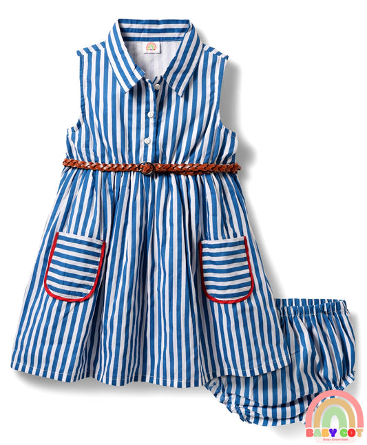 Single Jersey Knit Collar Neck Sleeveless Striped Frock With Bloomers & Belt - Blue