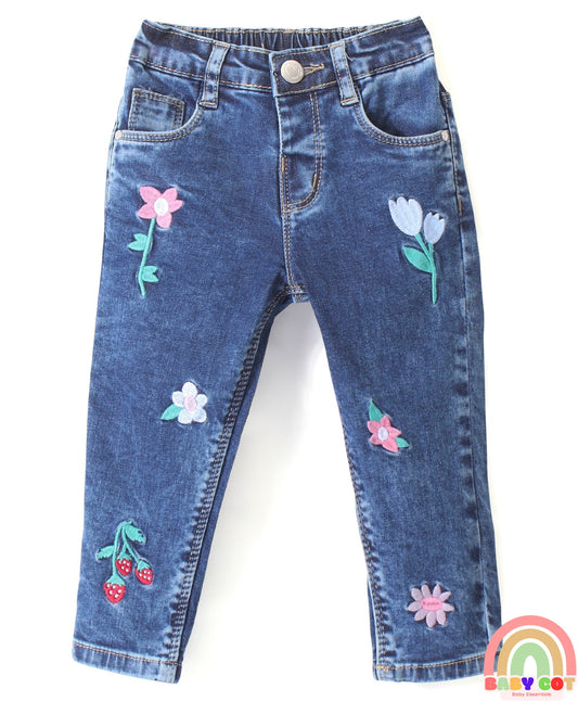 Denim Washed Full Length Stretchable Jeans With Floral Embroidery - Blue