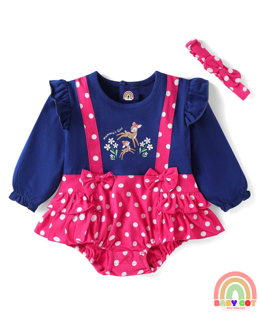 Interlock Knit Full Sleeves Onesie With Deer & Polka Dot Print & Headband - Navy Blue & Dark Pink