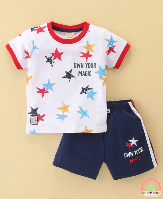 100% Cotton Knit Half Sleeves T-Shirt & Shorts With Star Print - White & Navy Blue