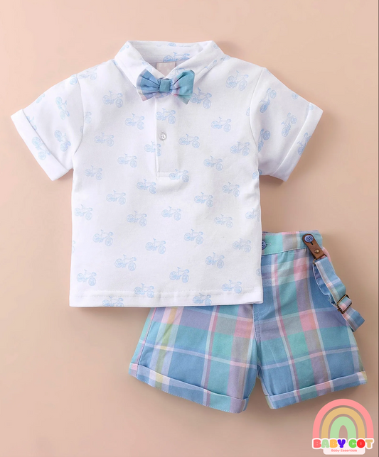 100% Cotton Knit Half Sleeves Printed Polo T-Shirt & Woven Cotton Checkered Shorts With Bow & Suspender - White & Blue