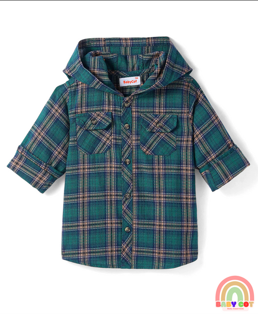 Cotton Woven Full Sleeves Checkered Hooded Shirt - Dark Green