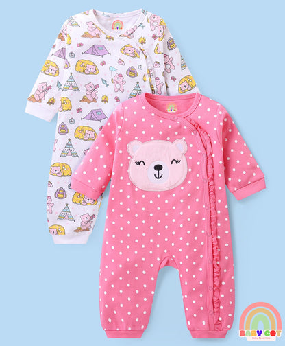 100% Cotton Knit Full Sleeves Rompers with Polka Dots & Bear Print Pack of 2 - Pink & White