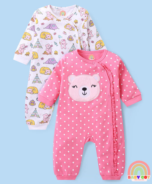 100% Cotton Knit Full Sleeves Rompers with Polka Dots & Bear Print Pack of 2 - Pink & White