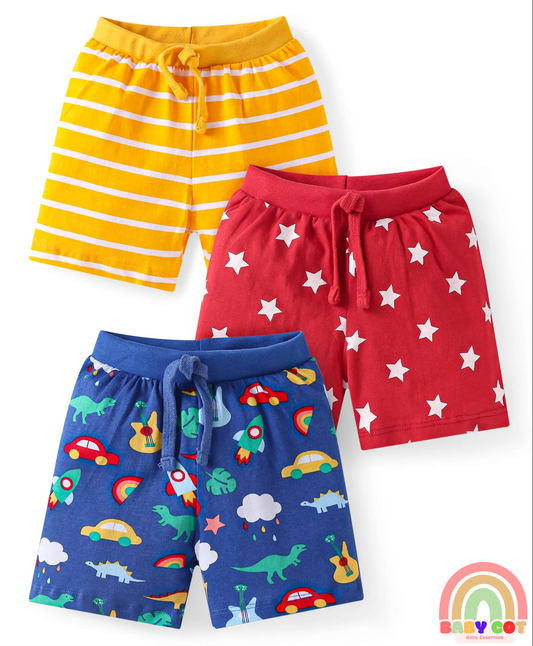 Cotton Knit Shorts with Stars Print & Stripes Pack of 3 - Yellow Red & Navy Blue