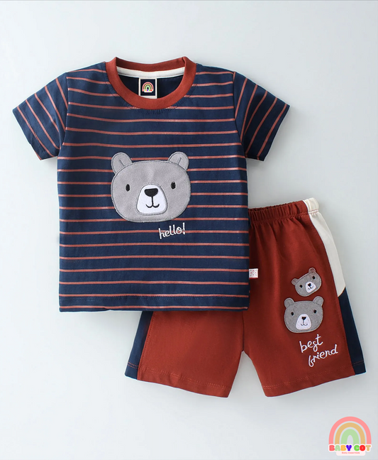100% Cotton Half Sleeves Striped T-Shirt and Shorts Set Teddy Patch - Navy Blue