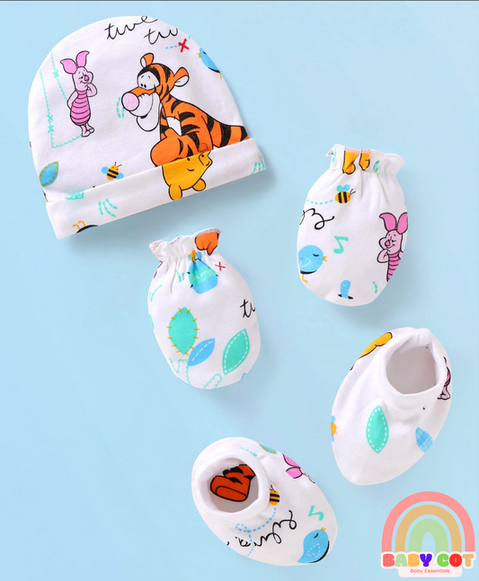 Interlock Knit Cap Mittens & Booties Set with Winnie & Friends Graphics - White
