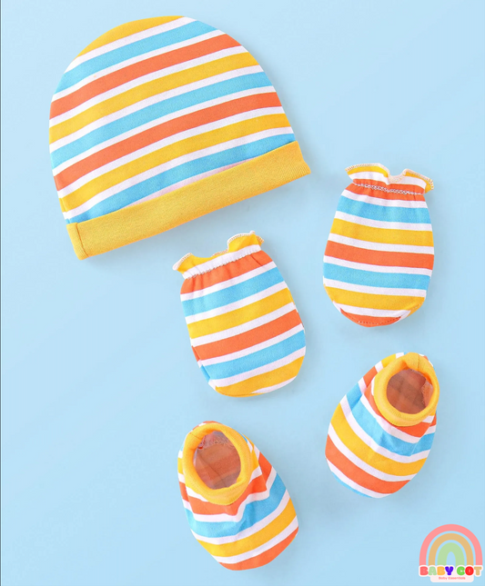 100% Cotton Cap Mittens And Booties Striped - Yellow