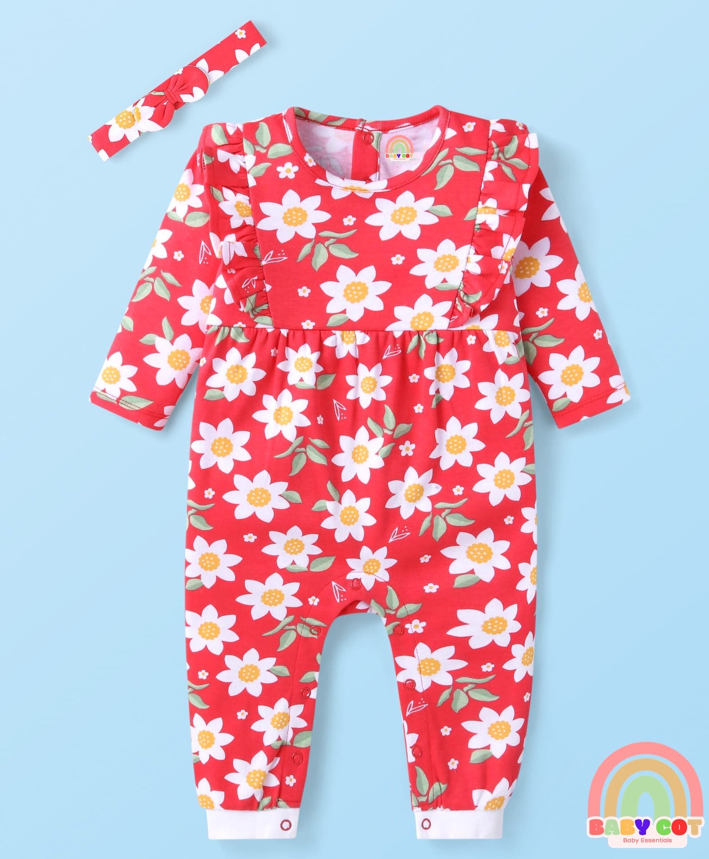 100% Cotton Knit Full Sleeves Floral Printed Romper with Hairband & Frill Detailing - Red