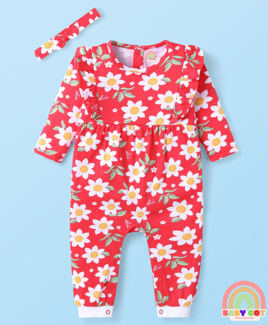 100% Cotton Knit Full Sleeves Floral Printed Romper with Hairband & Frill Detailing - Red