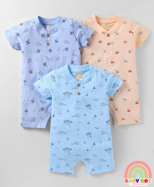 Interlock Knit Half Sleeves Rompers with Nautical & Space Theme Print Pack of 3 - Light Blue & Peach