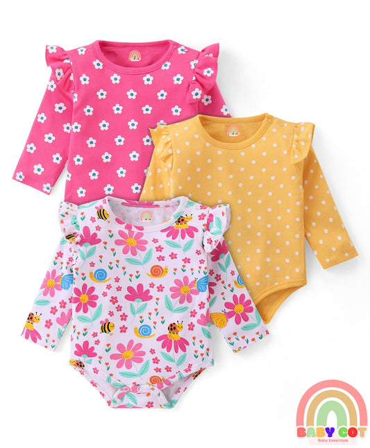 100% Cotton Knit Full Sleeves Onesies with Polka Dots Floral Print & Frill Detailing Pack of 3 - Yellow Pink & White