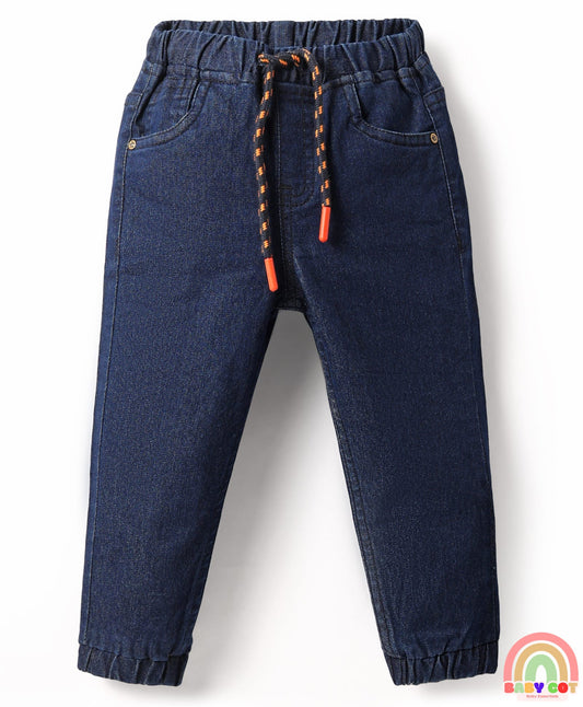 Full Length Washed Denim Jeans With Stretch - Navy Blue