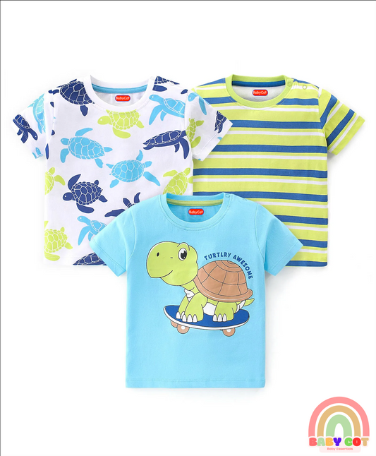 Cotton Knit Half Sleeves Striped T-Shirts Turtle Print Pack of 3 - Multicolour