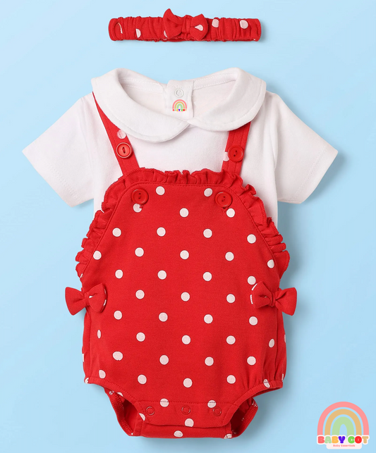 100% Cotton Knit Half Sleeves T-Shirt & Onesies with Hairband With Polka Dots - Red