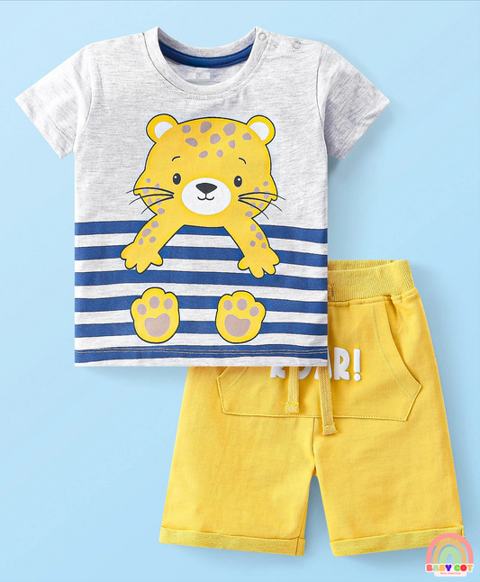 Cotton Knit Half Sleeves Leopard Printed T-Shirt & Shorts Set - White & Yellow