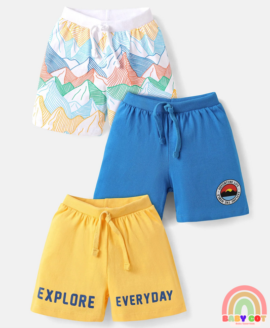 Single Jersey Knit Shorts with Explore Theme & Text Print Pack of 3 - Yellow Blue & White